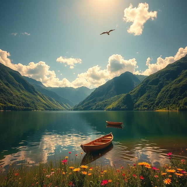 A beautiful landscape featuring a serene lake surrounded by lush green mountains under a clear blue sky