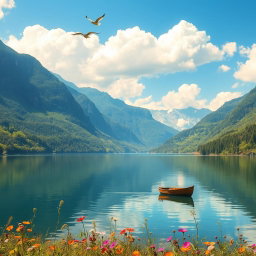 A beautiful landscape featuring a serene lake surrounded by lush green mountains under a clear blue sky