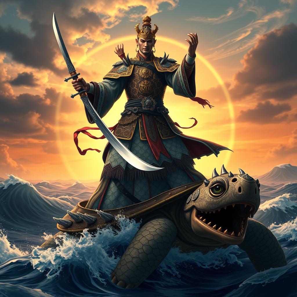 Admiral Yi Sun-sin reimagined as a Shin Megami Tensei persona, depicted as a powerful spirit warrior standing atop a turtle ship