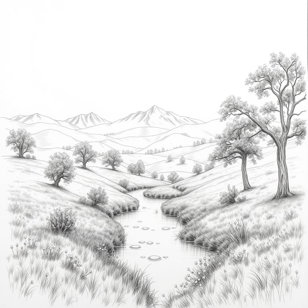 A detailed pencil sketch of a serene landscape featuring rolling hills under a clear sky