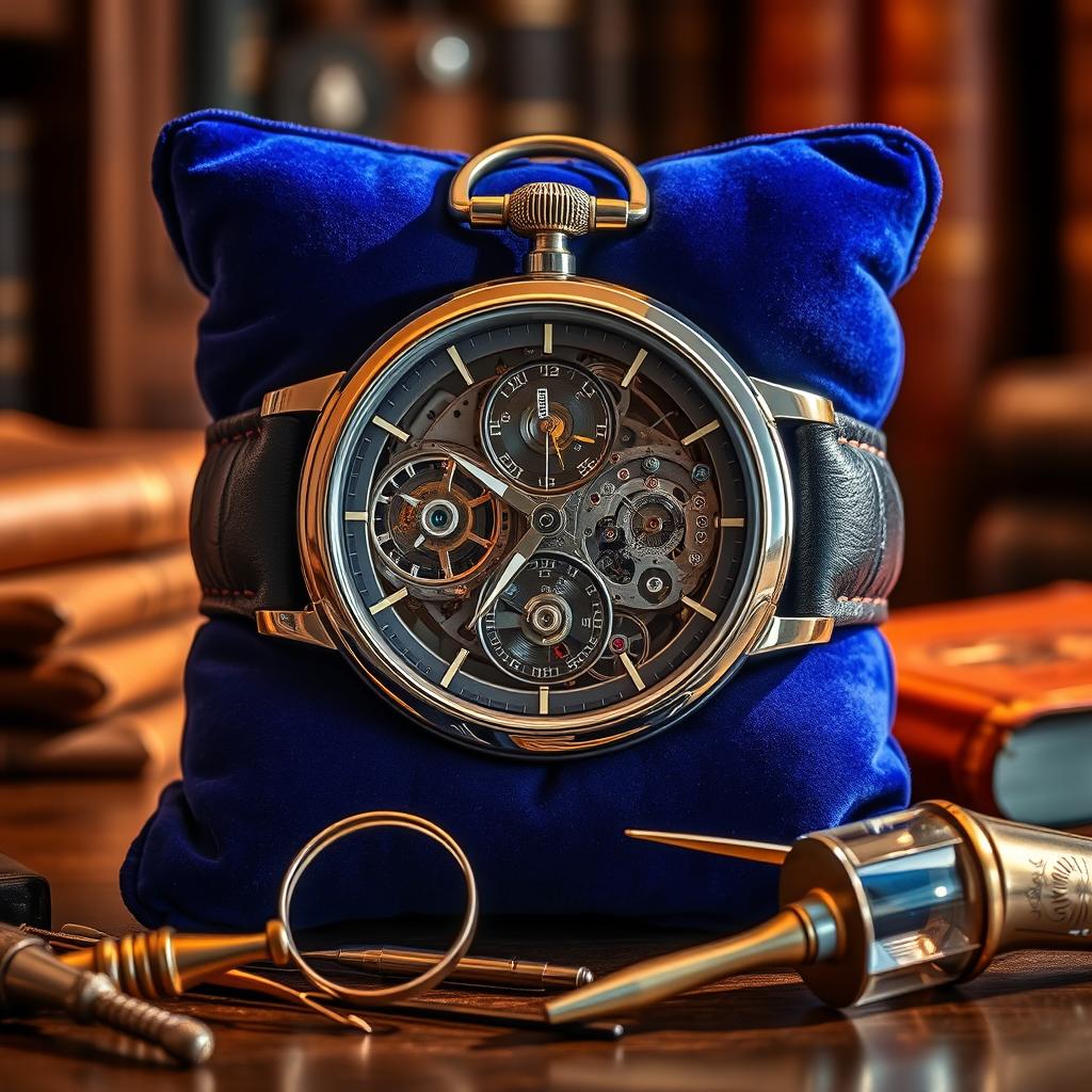 A beautifully detailed artistic representation of a large, intricate watch, with glimmering silver and gold gears visible through a transparent sapphire crystal face