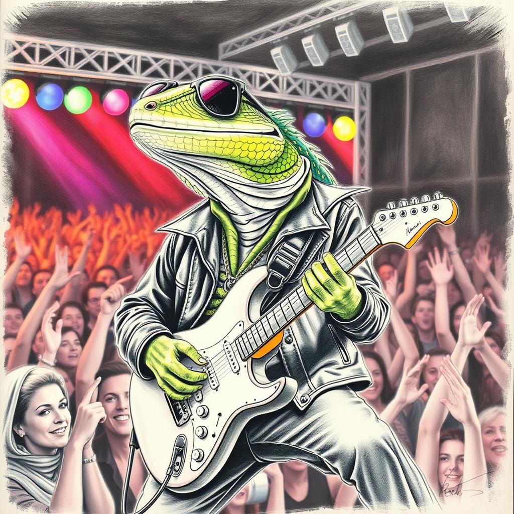 A detailed pencil drawing of a lizard playing electric guitar, dressed in a cool rock star outfit complete with sunglasses and a leather jacket