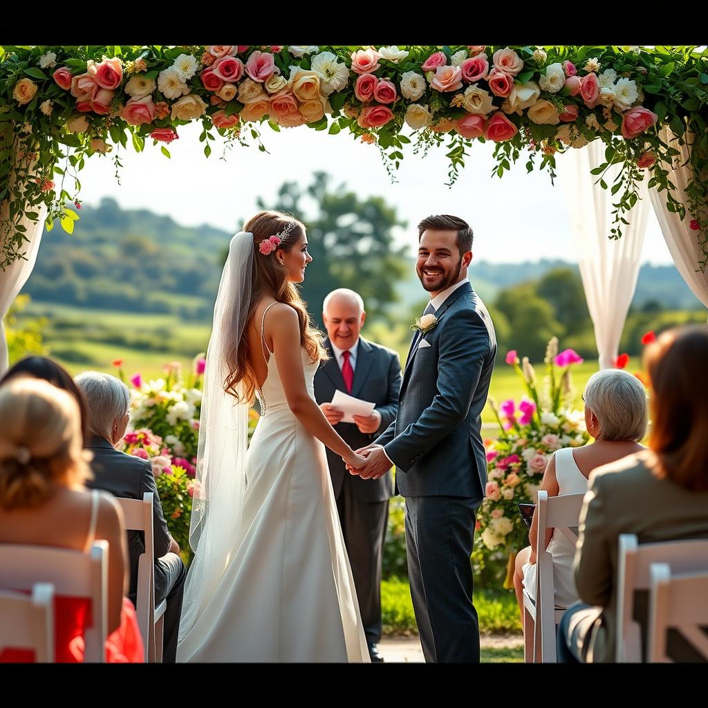 A beautiful outdoor wedding ceremony, set in a vibrant garden surrounded by lush greenery and colorful flowers