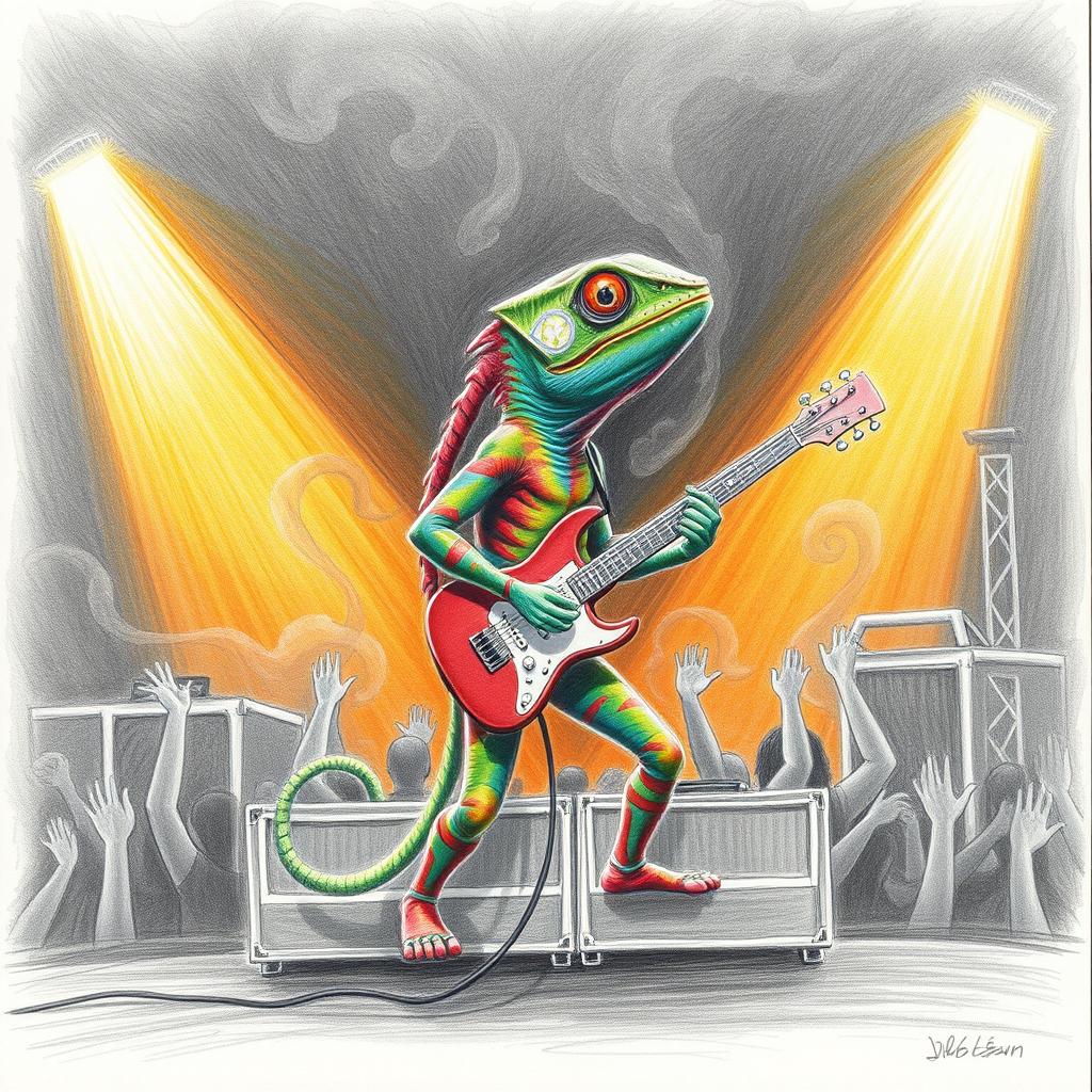 A detailed pencil drawing of a chameleon standing on a stage, energetically playing rock music