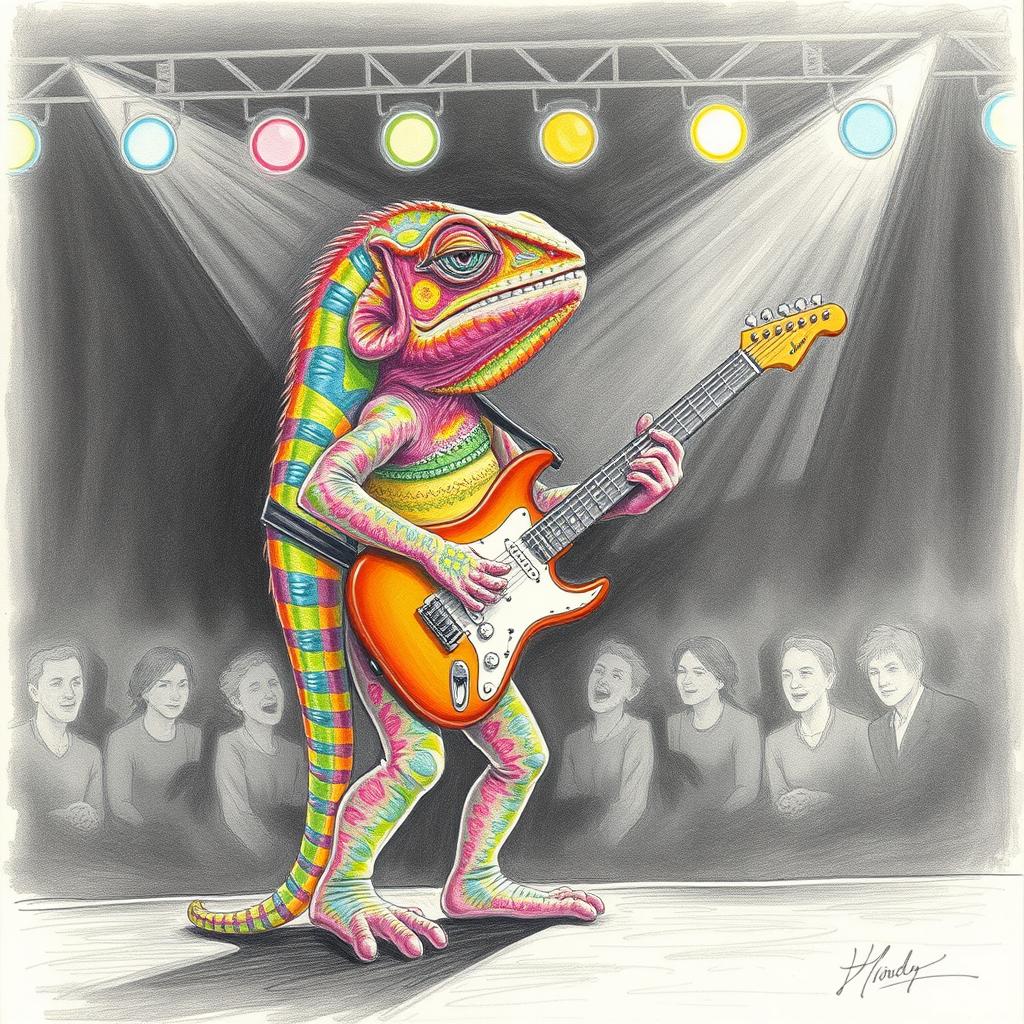 A detailed pencil drawing of a vibrant chameleon standing on stage, passionately playing a rock guitar