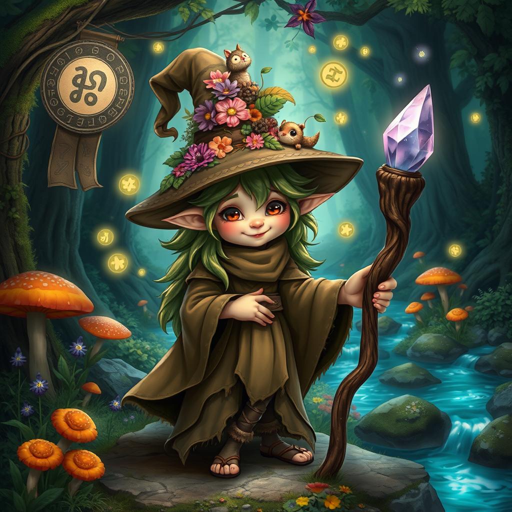 A whimsical pygmy firbolg witch standing in a magical forest, adorned with flowing, earth-toned robes and a wide-brimmed hat sprouting vibrant flowers and tiny woodland creatures