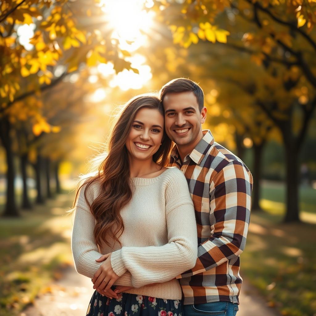 A warm and romantic outdoor portrait of a couple, radiant smiles and joyful expressions, standing close together under a canopy of colorful autumn leaves