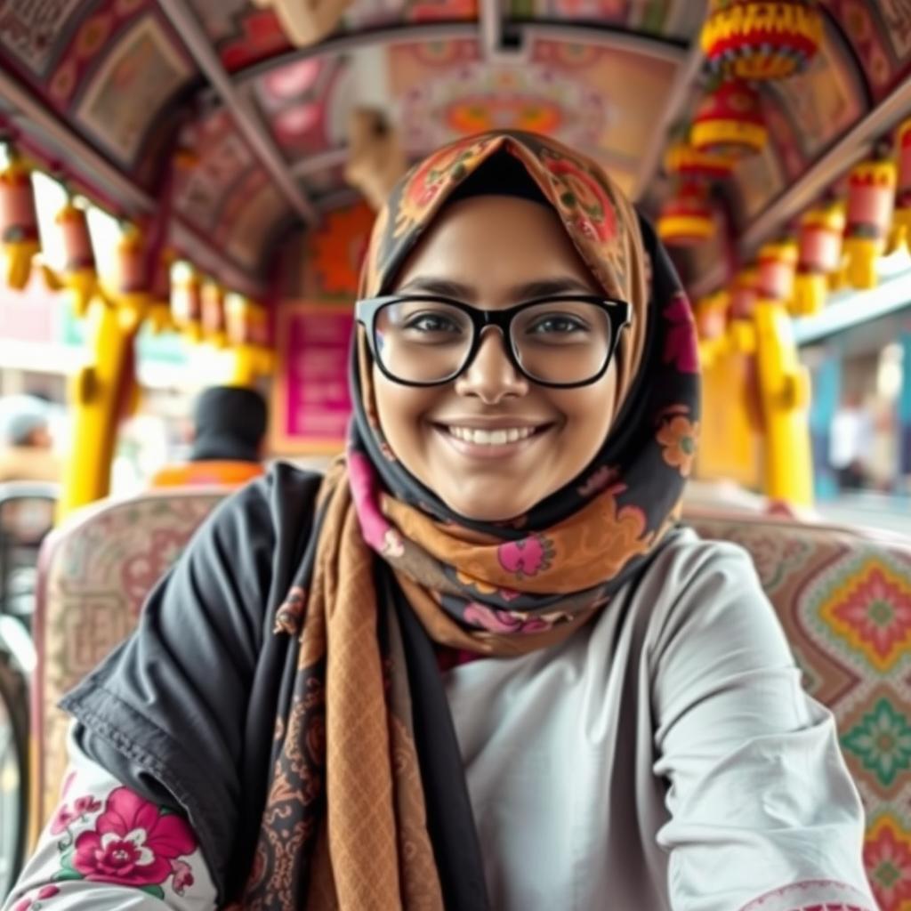 A fashionable Muslim girl wearing a colorful hijab, with stylish glasses, sitting comfortably in a vibrant Indian transportation setting, surrounded by intricate patterns and decorations