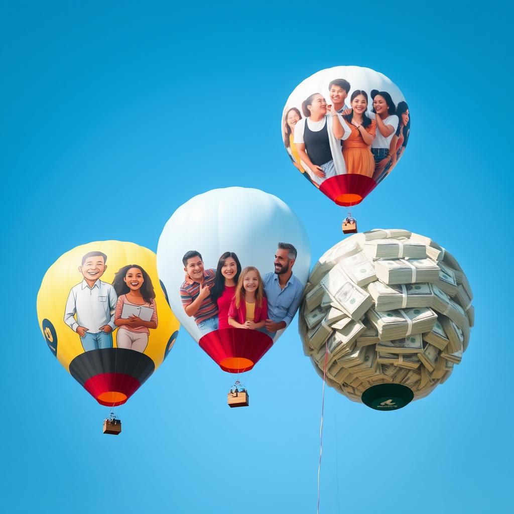 Three colorful balloons floating in a bright blue sky