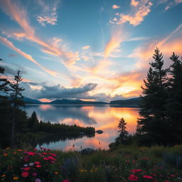 A serene landscape featuring a tranquil lake surrounded by lush pine trees and vibrant wildflowers, with a stunning sunset casting an array of colors across the sky