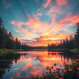 A serene landscape featuring a tranquil lake surrounded by lush pine trees and vibrant wildflowers, with a stunning sunset casting an array of colors across the sky