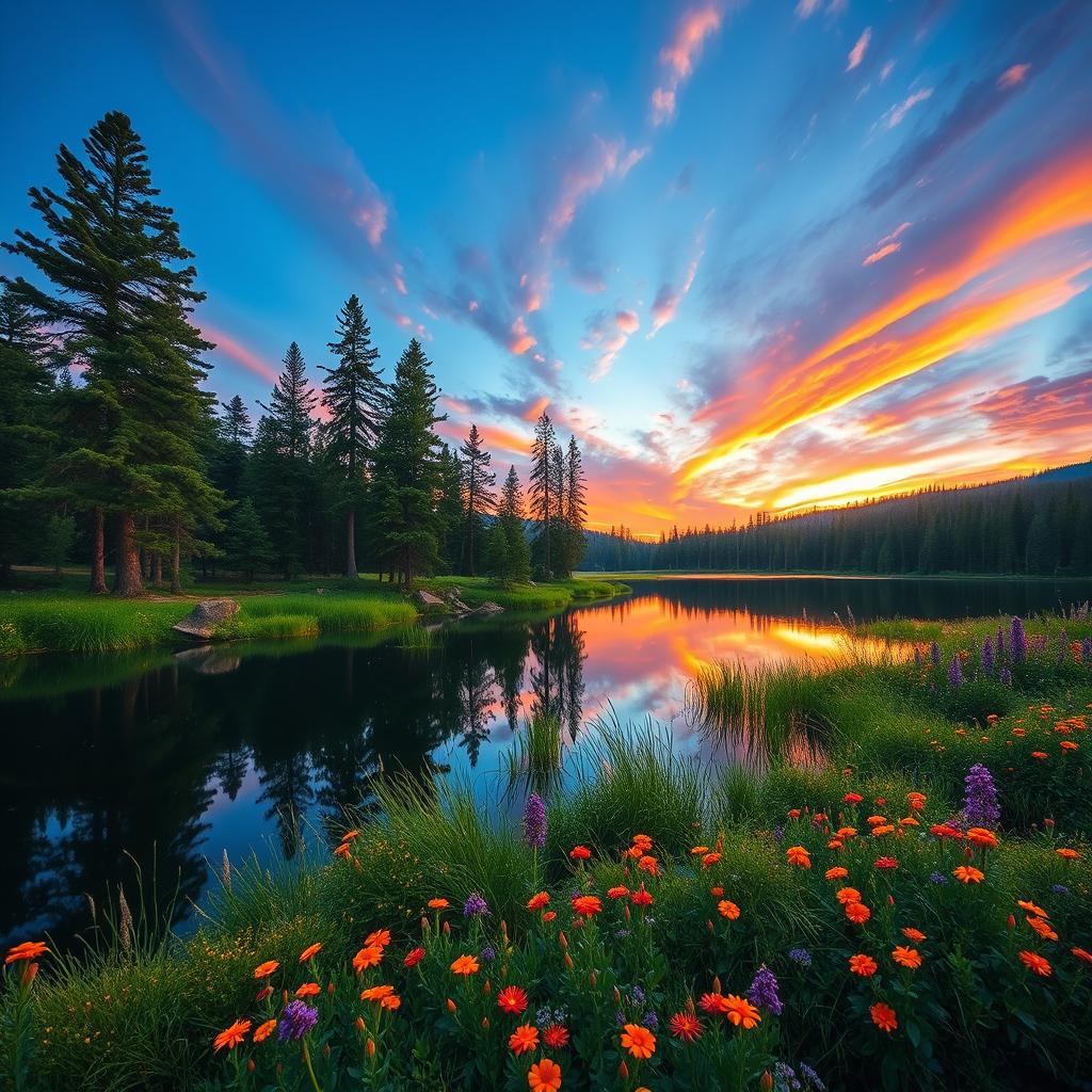 A serene landscape featuring a tranquil lake surrounded by lush pine trees and vibrant wildflowers, with a stunning sunset casting an array of colors across the sky