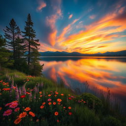 A serene landscape featuring a tranquil lake surrounded by lush pine trees and vibrant wildflowers, with a stunning sunset casting an array of colors across the sky