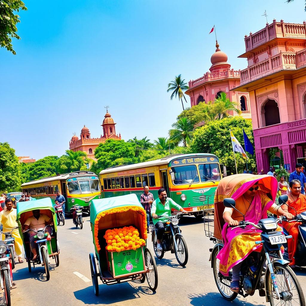 A vibrant scene depicting various modes of transportation in India, showcasing a busy street filled with colorful rickshaws, bicycles, and motorcycles
