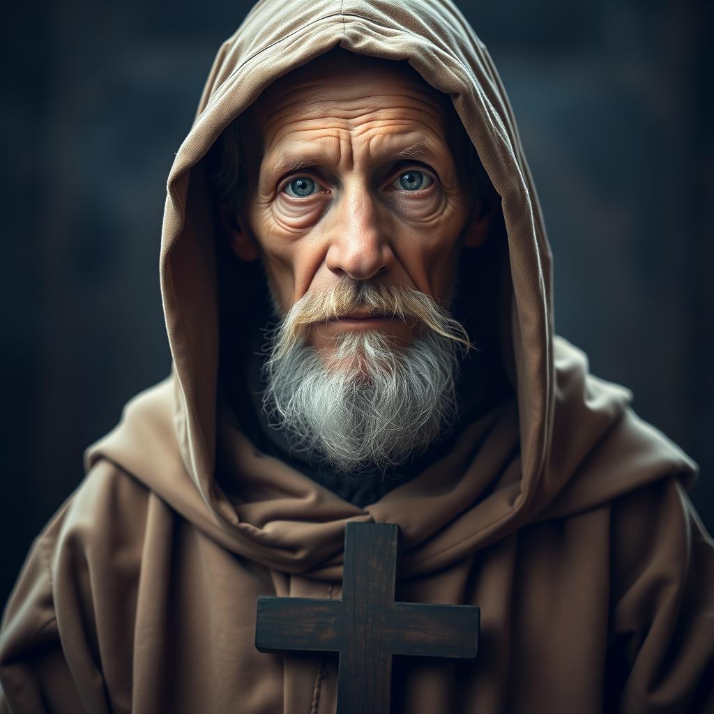 A wise-looking elderly monk from the 19th century with a solemn and serene expression, possessing a thin, gaunt face with deep wrinkles and light skin