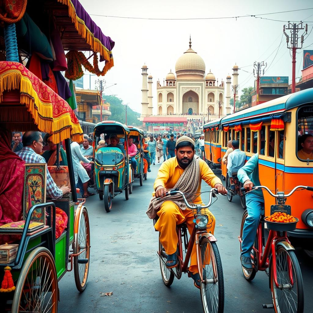 A vibrant portrait capturing the essence of India, showcasing various modes of transportation such as colorful rickshaws, traditional bicycles, and bustling trains