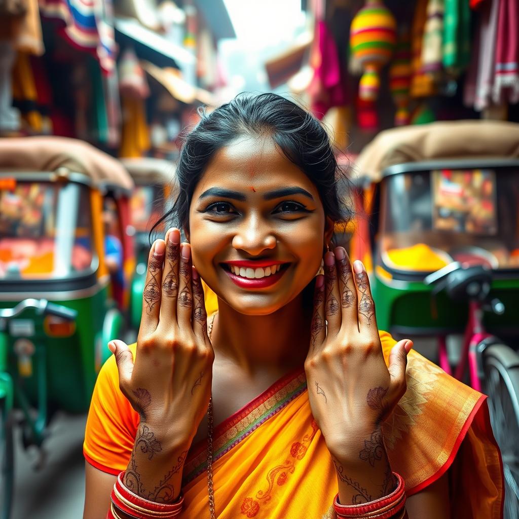 A vibrant portrait that captures the essence of India, showcasing traditional transportation methods like colorful auto-rickshaws, bicycles, and ornate bullock carts