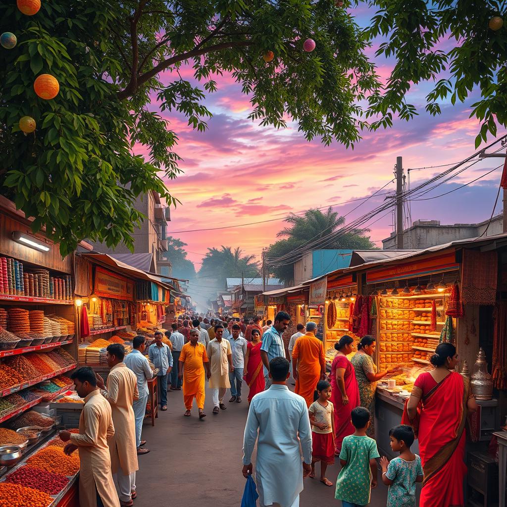 A vibrant Indian bazaar, bustling with activity