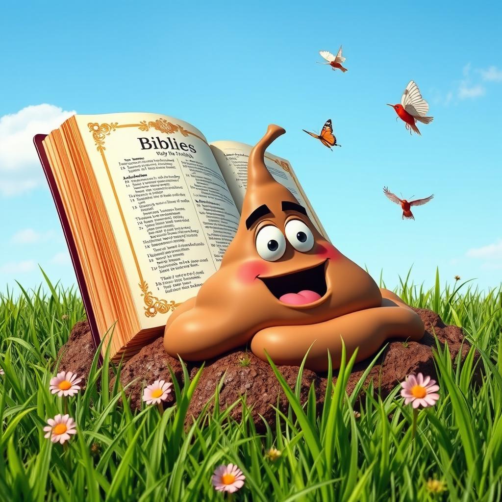A whimsical scene featuring an open Christian Bible humorously positioned on a pile of cartoonish, exaggerated poop