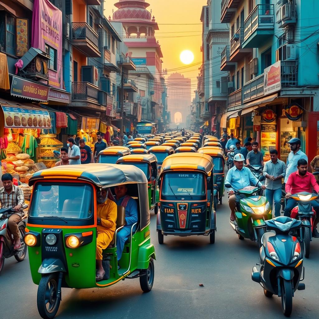 A vibrant and bustling street scene in India, showcasing various modes of transportation – colorful auto rickshaws, traditional cycle rickshaws, bicycles, and scooters sharing the road with a backdrop of lively market stalls filled with spices, textiles, and handicrafts
