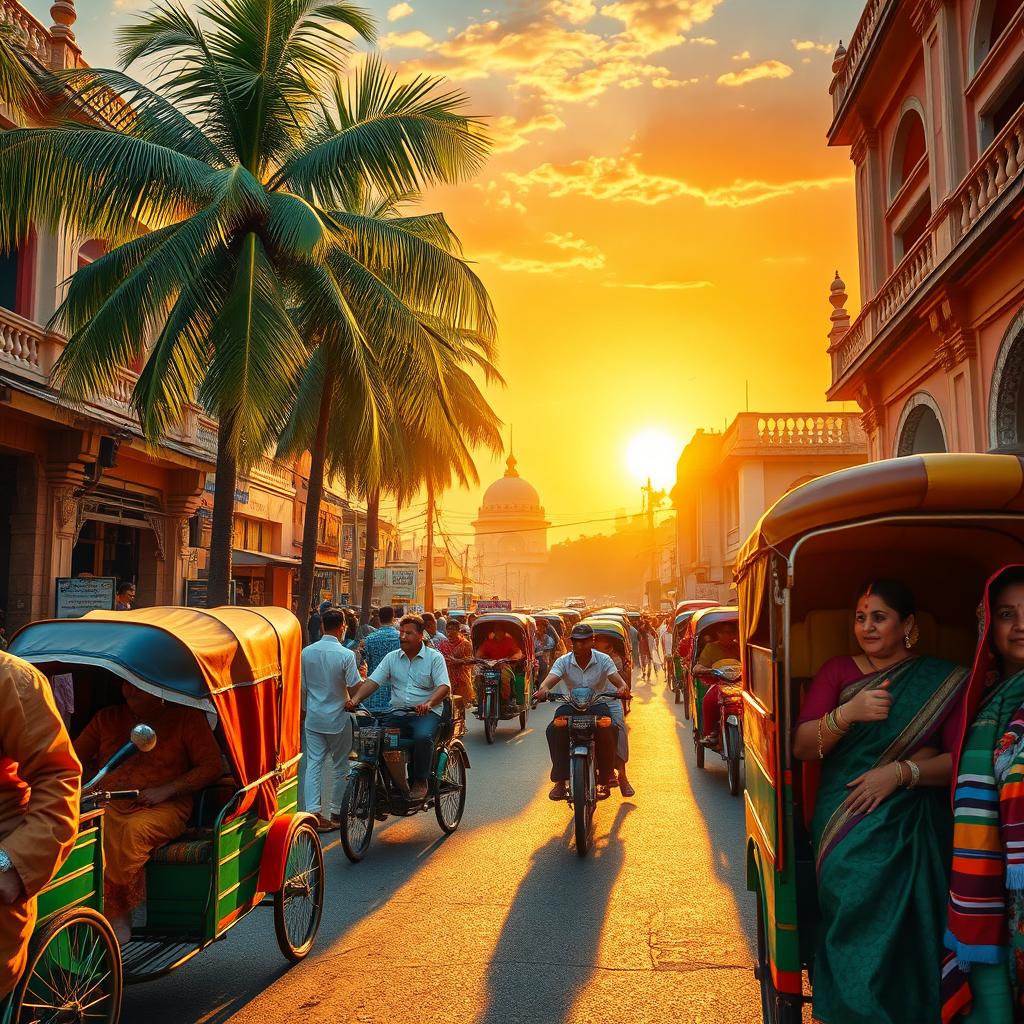 A vibrant scene depicting the essence of India with lively transportation