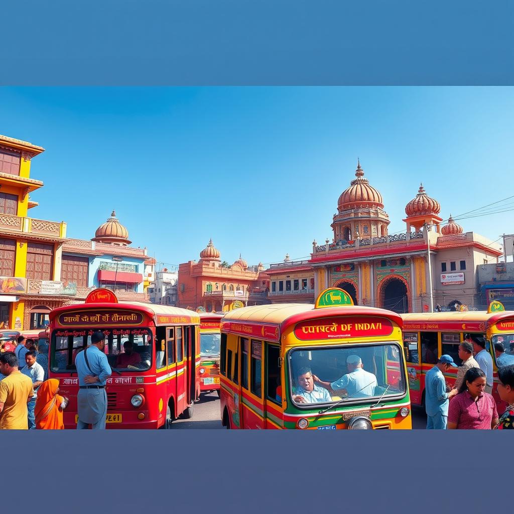A vibrant scene illustrating transportation in India, featuring a colorful and bustling city street filled with traditional buses painted in bright colors