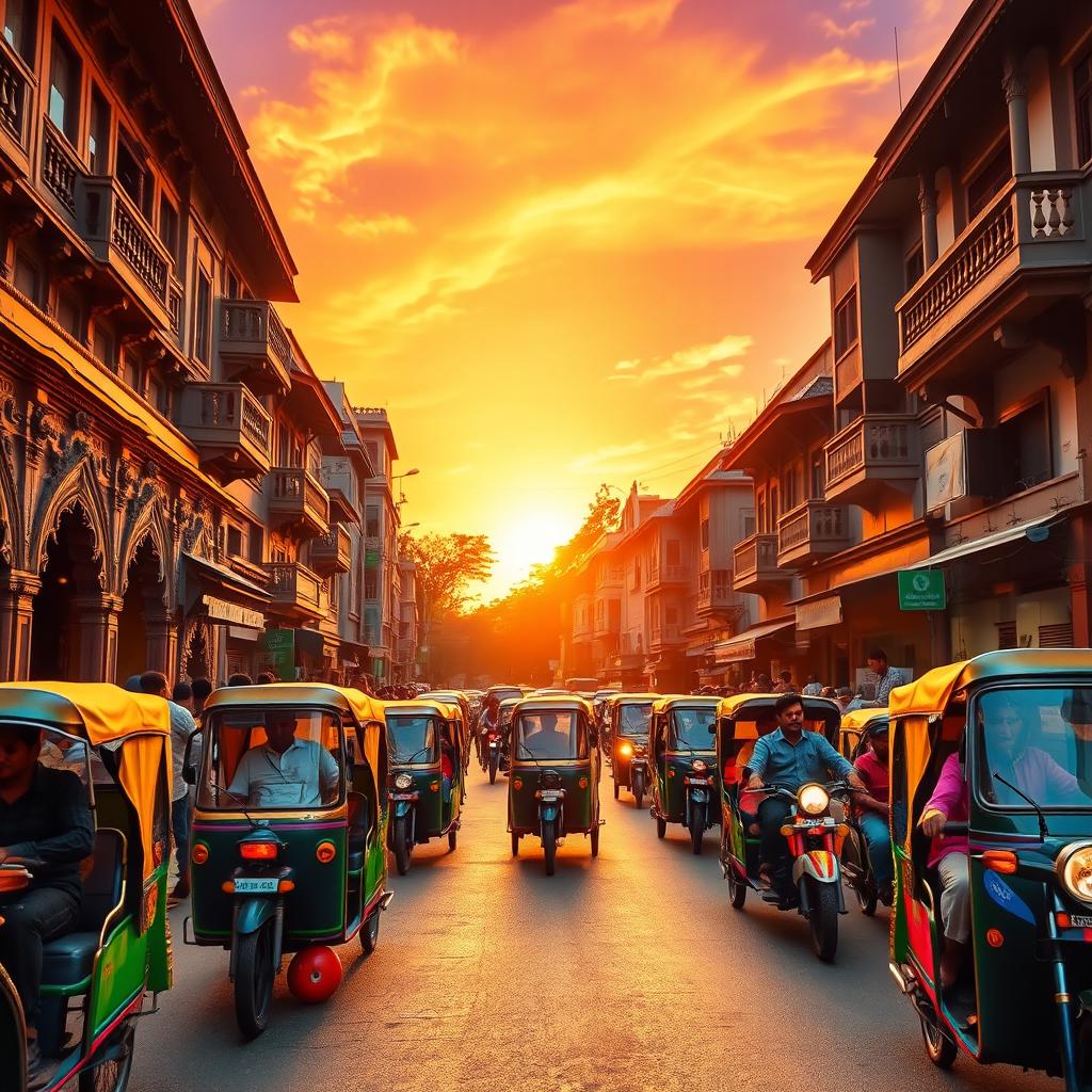 A vibrant scene depicting transportation in India during sunset