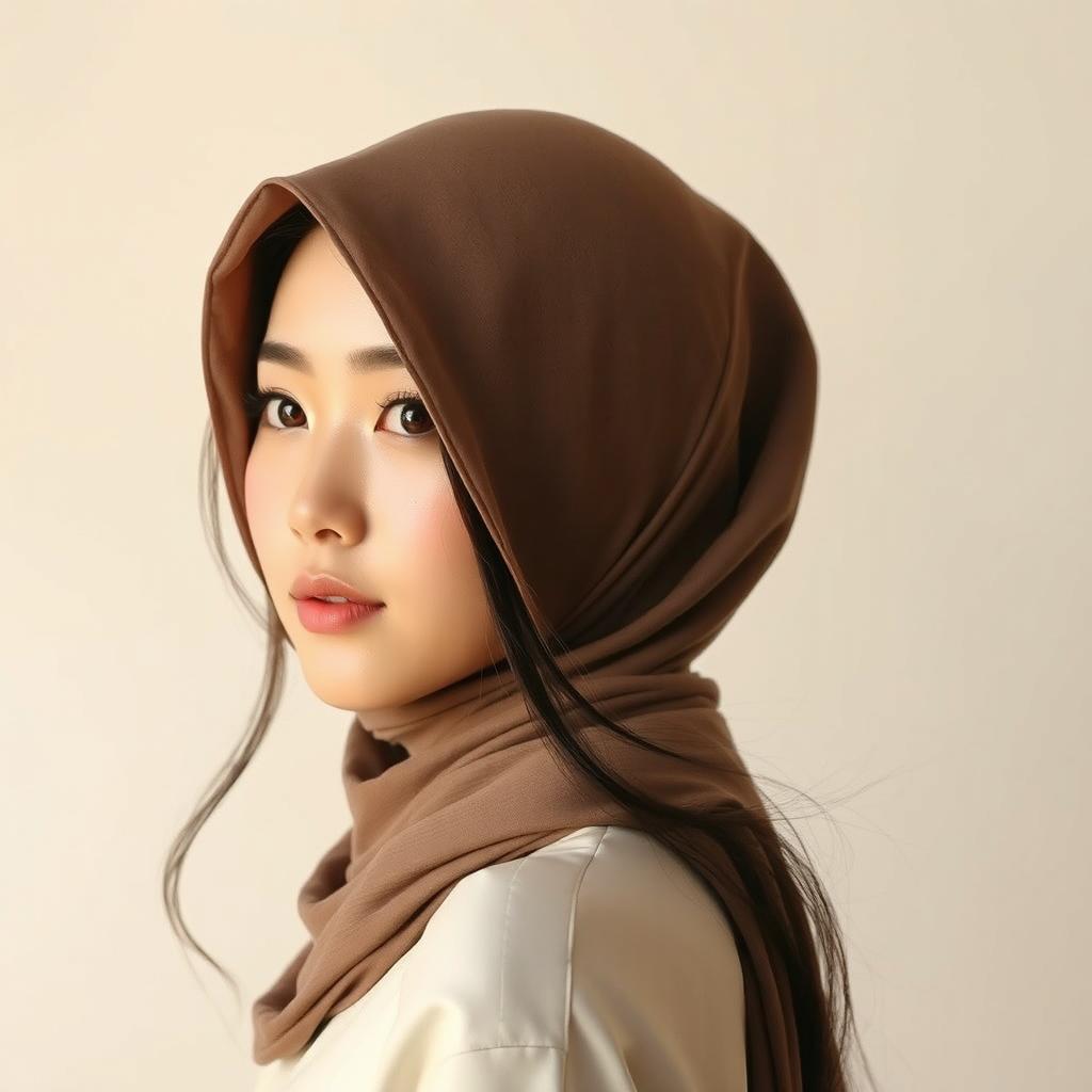 A gorgeous Korean woman with captivating features, wearing a stylish, open hijab that tastefully showcases her upper body