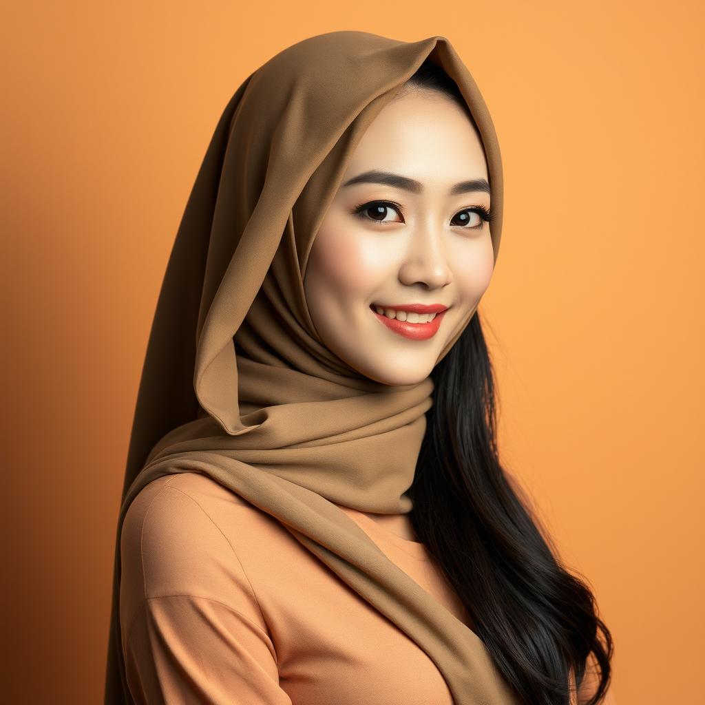 A beautiful Korean woman with striking features, wearing a stylish, open hijab that elegantly frames her face and shows off her upper body