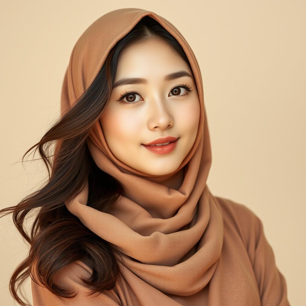 A beautiful Korean woman with enchanting features, wearing a stylishly open hijab that tastefully showcases her upper body
