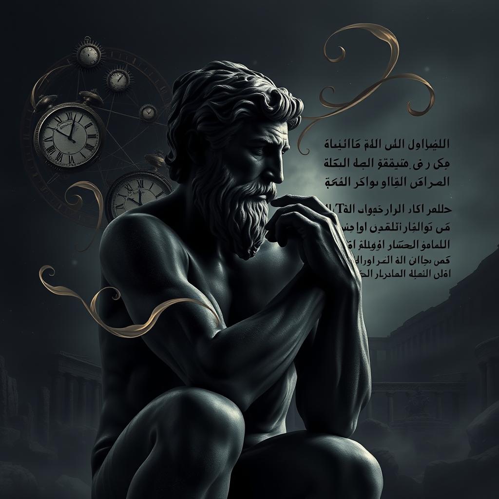 A dark, poetic depiction of a thoughtful figure inspired by Rodin's 'The Thinker', modeled after a Greek statue, shown in profile view