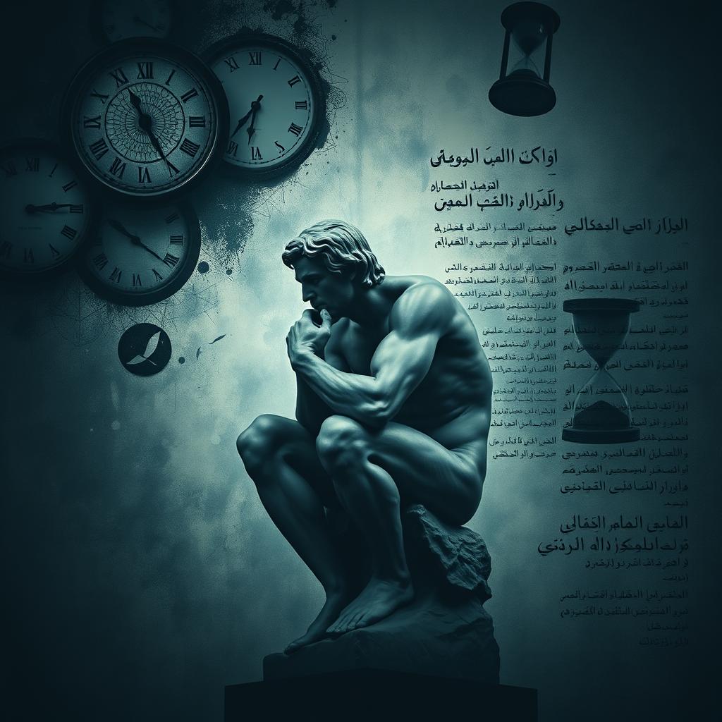 A dark, poetic interpretation of a thoughtful figure inspired by Rodin's 'The Thinker', styled as a Greek statue, shown in profile with a side view that highlights its contemplative expression