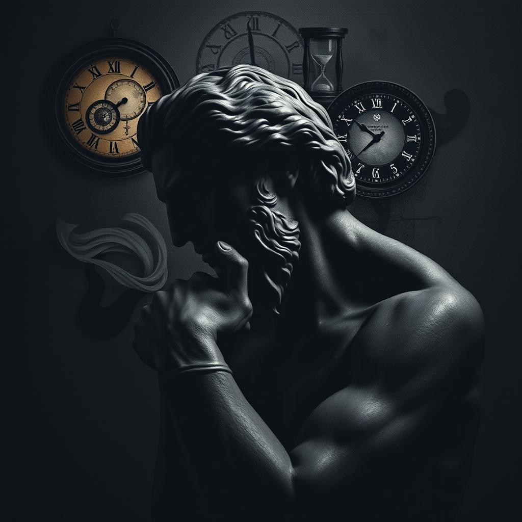 A dark, poetic representation of a thoughtful Greek statue inspired by Rodin's 'The Thinker', presented in a side profile view that captures its contemplative essence