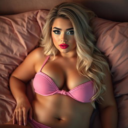A sultry scene showcasing a sexy, curvy, thick blonde woman, 18 years old, lounging in bed