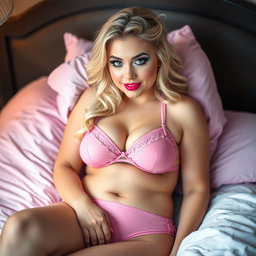 A captivating scene featuring a sexy, curvy, chubby blonde woman, 18 years old, relaxing in bed