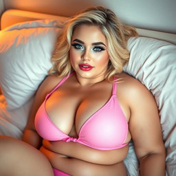 A captivating scene featuring a sexy, curvy, chubby blonde woman, 18 years old, relaxing in bed