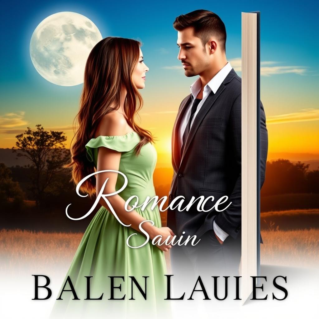 A romantic book cover featuring a serene nature background with a setting moon and a rising sun
