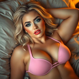 A striking image of a sexy, curvy blonde woman, 18 years old, reclining in bed