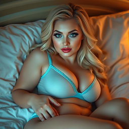 A beautiful image of a sexy, curvy, thick blonde woman, 18 years old, relaxing in bed
