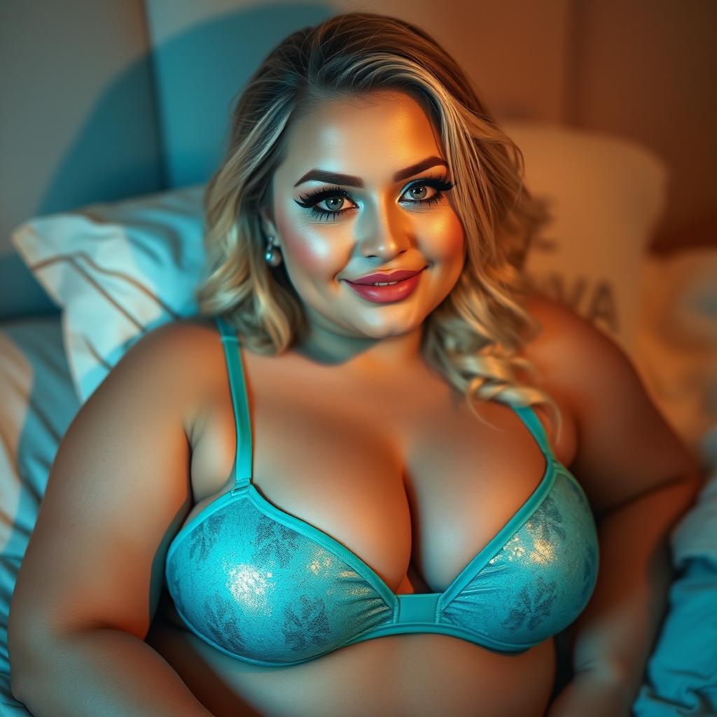 A striking image of a sexy, curvy, thick blonde woman, 18 years old, cozily situated in bed
