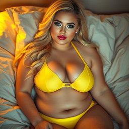 A stunning image of a sexy, curvy, thick blonde woman, 18 years old, lounging in bed