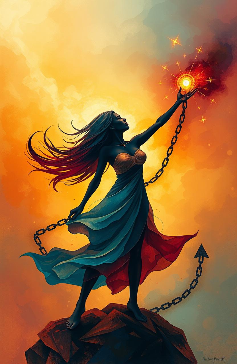 An abstract representation of a woman triumphantly overcoming trauma, her figure depicted in bold, swirling colors to symbolize emotional struggle and resilience