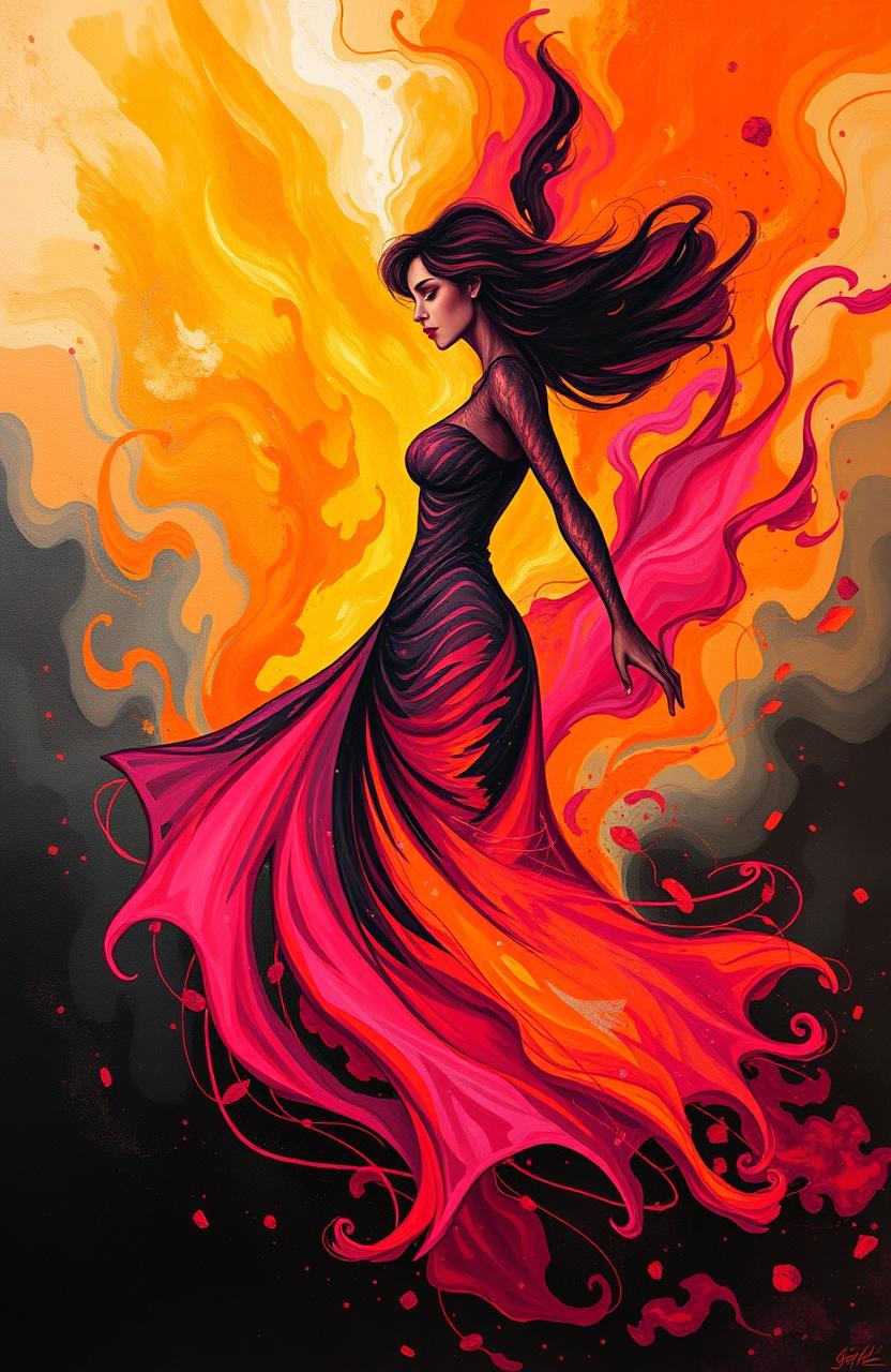 An abstract representation of a woman breaking free from the chains of abuse, depicted through swirling colors symbolizing her struggle and liberation