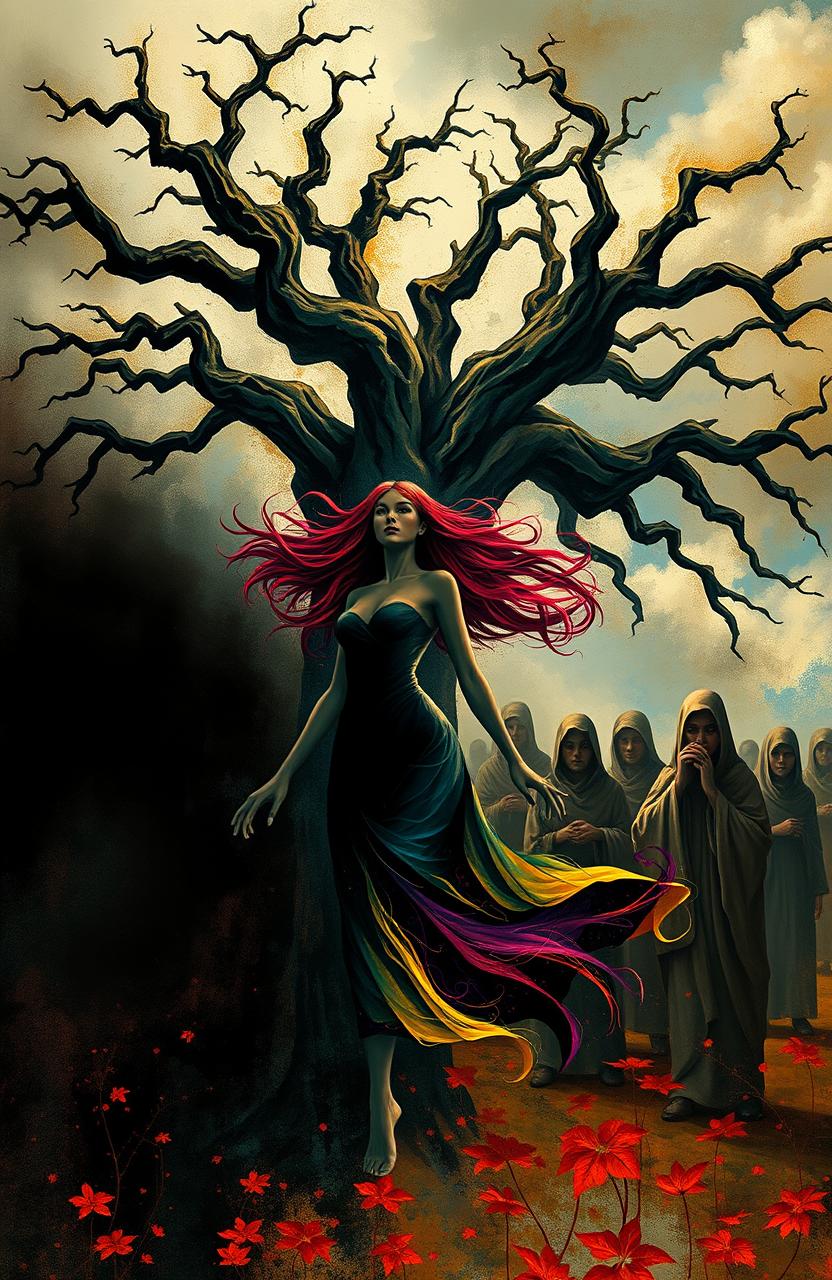 An abstract representation of a woman courageously escaping a cult, standing boldly in front of a gnarled, ancient tree that symbolizes freedom
