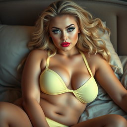 A striking image of a sexy, curvy blonde woman, 18 years old, lounging in bed