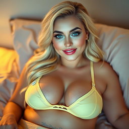 A striking image of a sexy, curvy blonde woman, 18 years old, lounging in bed
