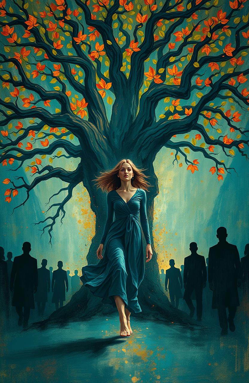 An abstract representation of a woman dramatically escaping from a cult, with a dense and surreal background featuring a large, majestic tree