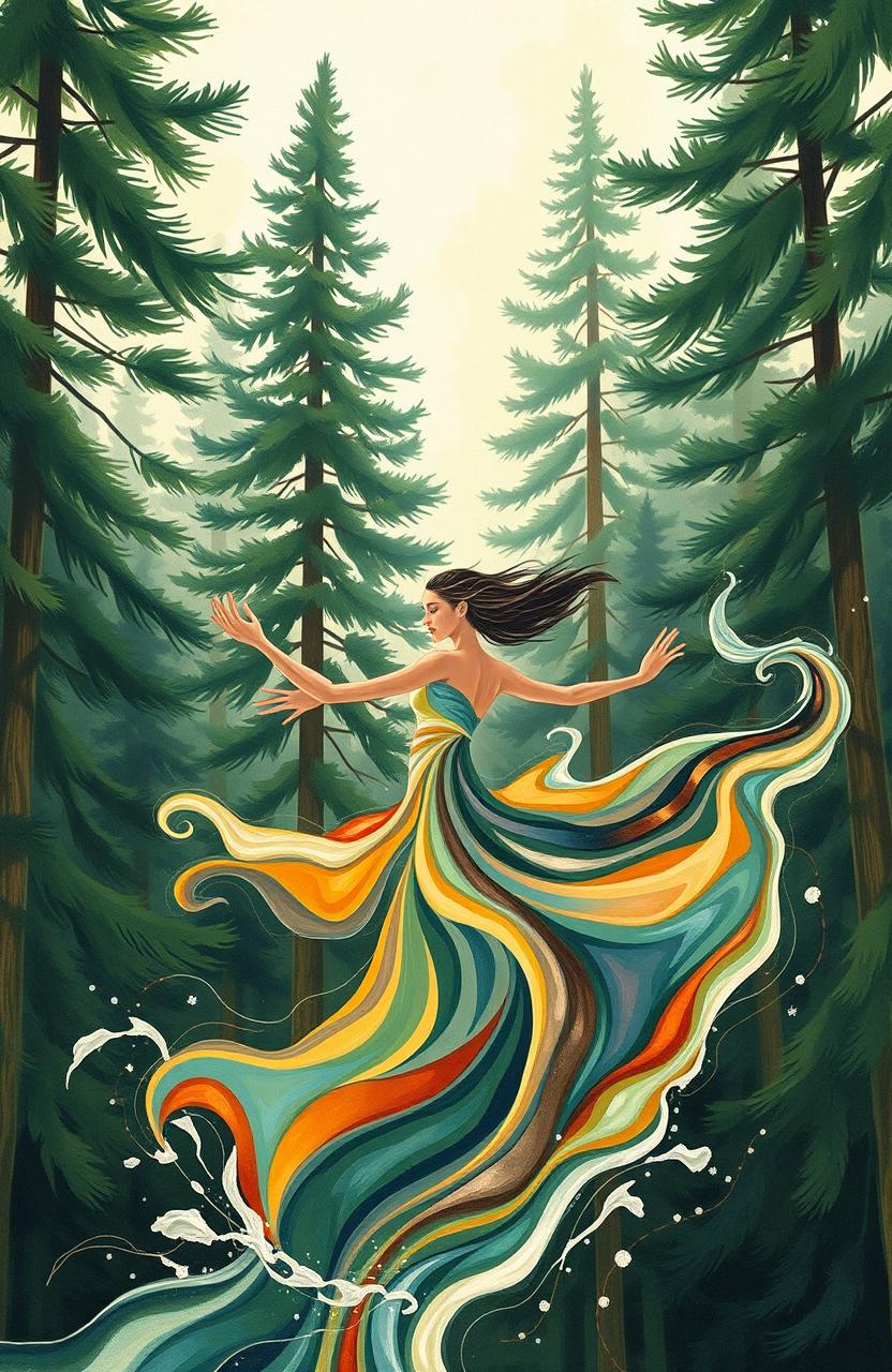 An abstract portrayal of a woman breaking free from the chains of abuse, symbolically represented against a backdrop of towering pine trees