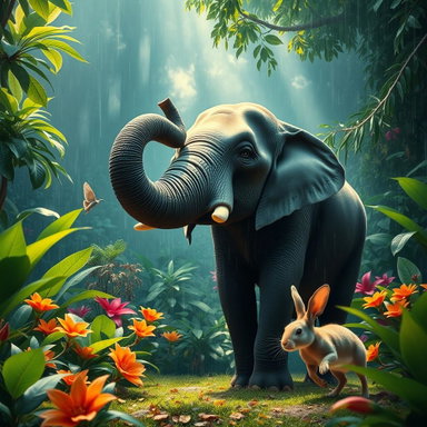 Majestic Elephant and Playful Rabbit in a Vibrant Rainforest