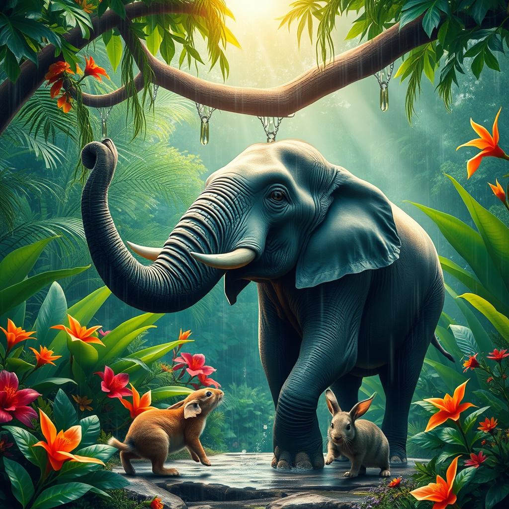 Majestic Elephant and Playful Rabbit in a Vibrant Rainforest